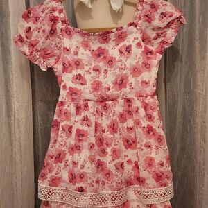 Poppies & Roses Pink Floral Puff-Sleeve Summer Dress, Laced Hem Detail, S10, NWT